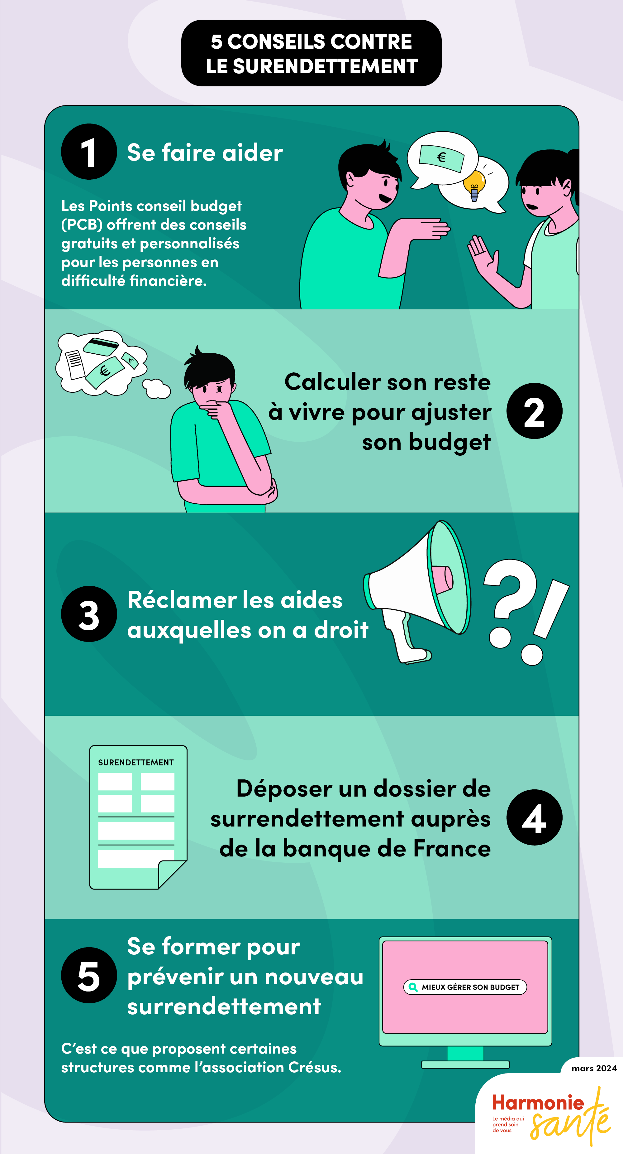 Une illustration donnant 5 conseils pour faire face au surendettement.